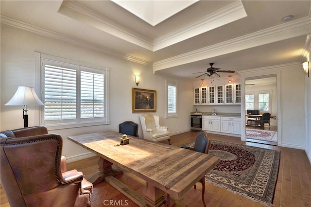 2767 Saleroso Dr, Rowland Heights, CA 91748 - living area featuring wood finished floors, baseboards, a raised ceiling, and crown molding
