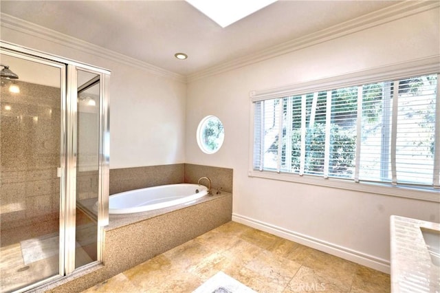 2767 Saleroso Dr, Rowland Heights, CA 91748 - bathroom featuring a garden tub, a stall shower, crown molding, and tile patterned flooring