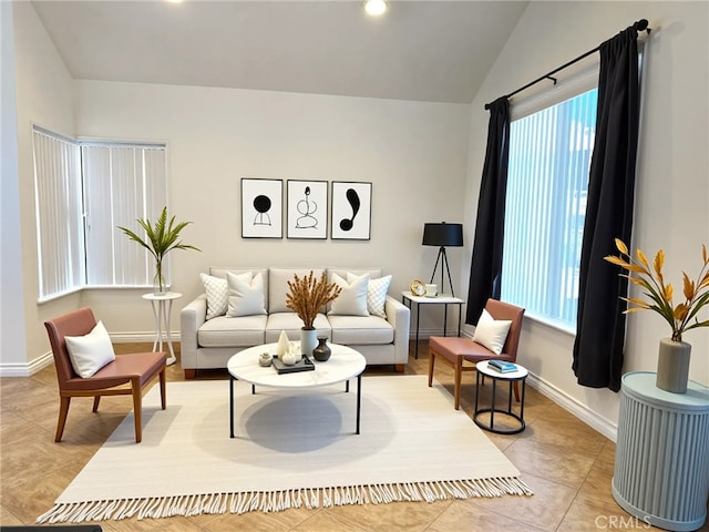 28594 Moon Shadow Dr, Menifee, CA 92584 - living room with plenty of natural light, lofted ceiling, light tile patterned flooring, and recessed lighting