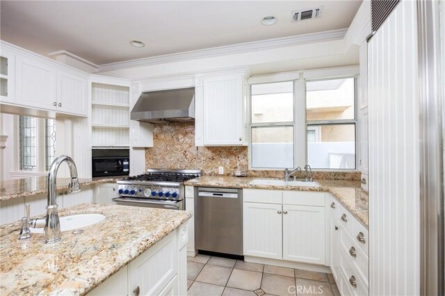 327 Amethyst Ave, Newport Beach, CA 92662 - kitchen featuring appliances with stainless steel finishes, a sink, range hood, open shelves, and ornamental molding