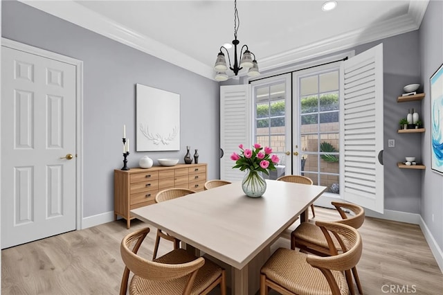 23922 Lakeside Rd, Valencia, CA 91355 - dining room featuring a chandelier, baseboards, recessed lighting, light wood-style flooring, and ornamental molding