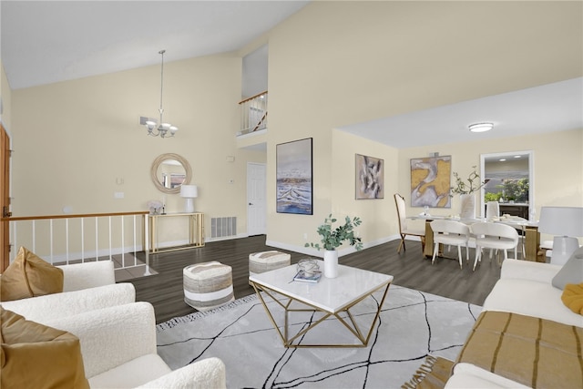 1903 Tomas Ct, Rowland Heights, CA 91748 - living area with wood finished floors, baseboards, high vaulted ceiling, and a chandelier
