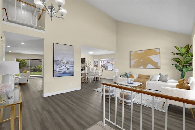 1903 Tomas Ct, Rowland Heights, CA 91748 - living area with wood finished floors, high vaulted ceiling, a chandelier, baseboards, and recessed lighting