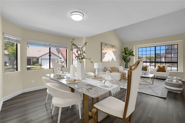1903 Tomas Ct, Rowland Heights, CA 91748 - dining room featuring dark wood-style flooring, baseboards, and vaulted ceiling