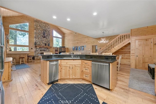 10820 Bonita Way, Wofford Heights, CA 93285 - kitchen featuring dishwasher, a sink, wood walls, a chandelier, and light wood-style flooring