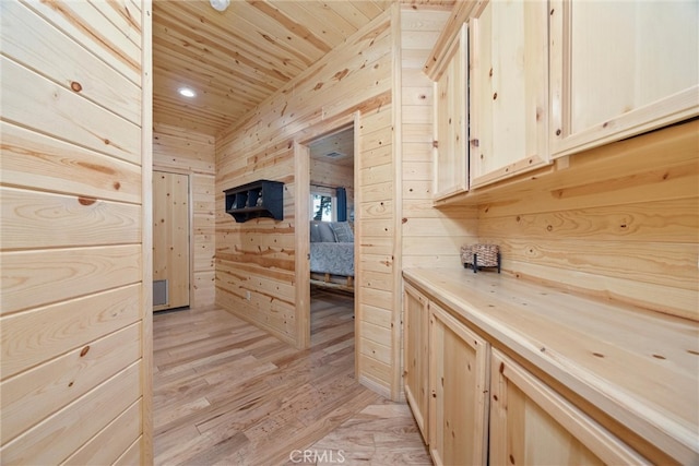 10820 Bonita Way, Wofford Heights, CA 93285 - hall with wooden walls, light wood-style floors, wood ceiling, and recessed lighting