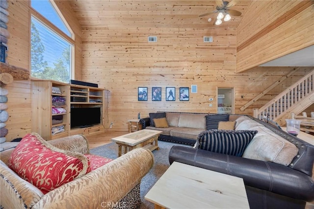 10820 Bonita Way, Wofford Heights, CA 93285 - living room featuring high vaulted ceiling, wood walls, a ceiling fan, wooden ceiling, and wood finished floors