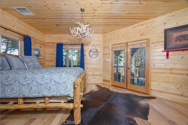 10820 Bonita Way, Wofford Heights, CA 93285 - bedroom with a chandelier, wooden ceiling, access to exterior, wood walls, and wood finished floors