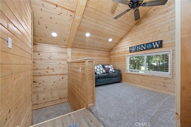 10820 Bonita Way, Wofford Heights, CA 93285 - living area with lofted ceiling, wooden ceiling, wood walls, recessed lighting, and wood finished floors