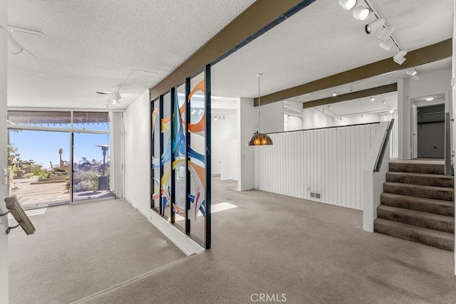 30211 Via Rivera, Rancho Palos Verdes, CA 90275 - basement featuring track lighting, carpet, a textured ceiling, and stairs