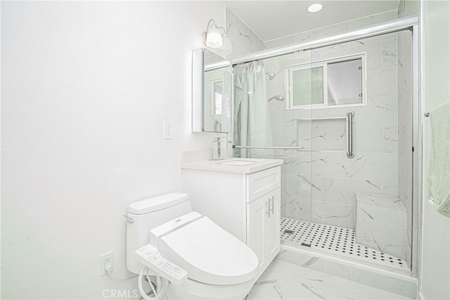 521 W Erna Ave, La Habra, CA 90631 - full bathroom with a marble finish shower, marble look tiles, vanity, toilet, and recessed lighting