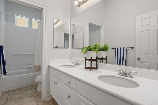 435 Sandalwood Ct, Encinitas, CA 92024 - bathroom featuring double vanity, toilet, shower / bath combo with shower curtain, and tile patterned floors
