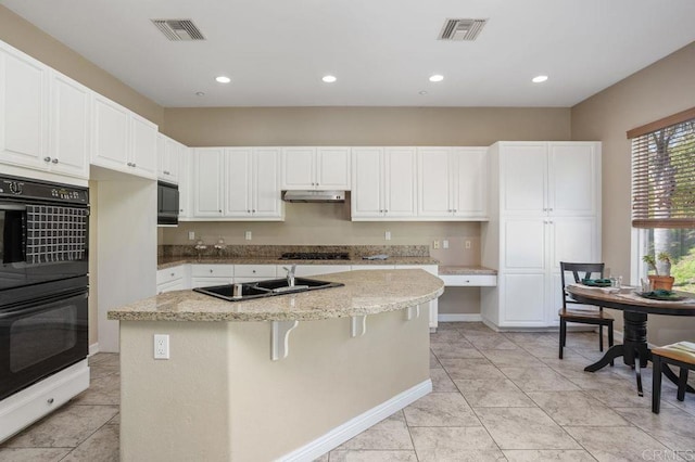 435 Sandalwood Ct, Encinitas, CA 92024 - kitchen featuring a sink, black appliances, under cabinet range hood, an island with sink, and light stone countertops