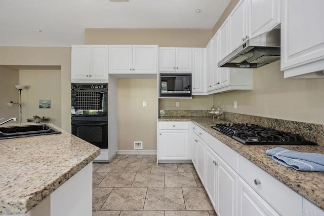 435 Sandalwood Ct, Encinitas, CA 92024 - kitchen with under cabinet range hood, black appliances, a sink, and white cabinets