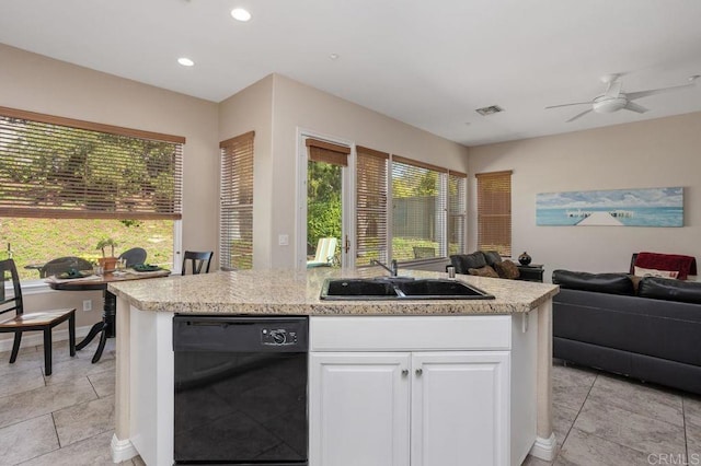 435 Sandalwood Ct, Encinitas, CA 92024 - kitchen featuring black dishwasher, open floor plan, a sink, white cabinets, and a ceiling fan