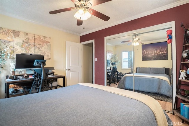 11737 Bellman Ave, Downey, CA 90241 - bedroom featuring ornamental molding, a desk, ceiling fan, and wood finished floors