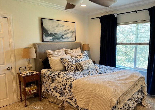 619 C St, Lemoore, CA 93245 - carpeted bedroom featuring crown molding, multiple windows, recessed lighting, and a ceiling fan