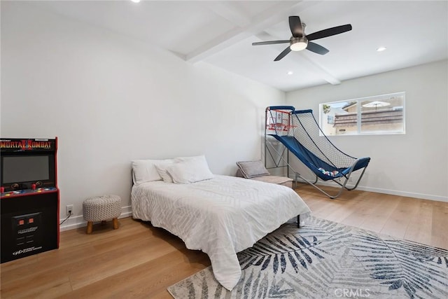 4920 Island View St, Oxnard, CA 93035 - bedroom featuring beamed ceiling, wood finished floors, baseboards, recessed lighting, and ceiling fan
