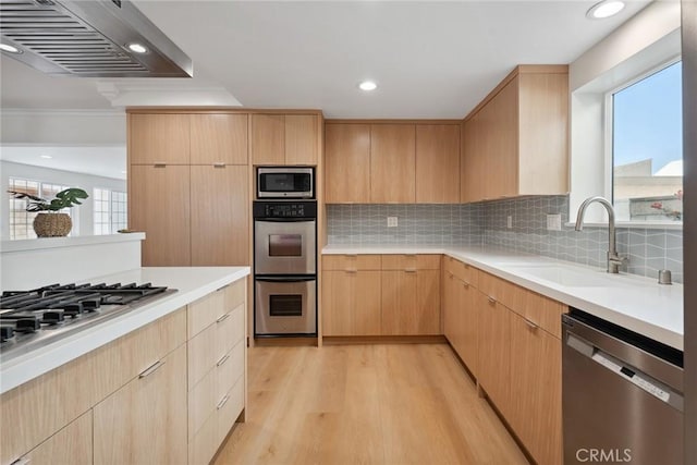 4920 Island View St, Oxnard, CA 93035 - kitchen featuring stainless steel appliances, light brown cabinetry, light wood-type flooring, and recessed lighting