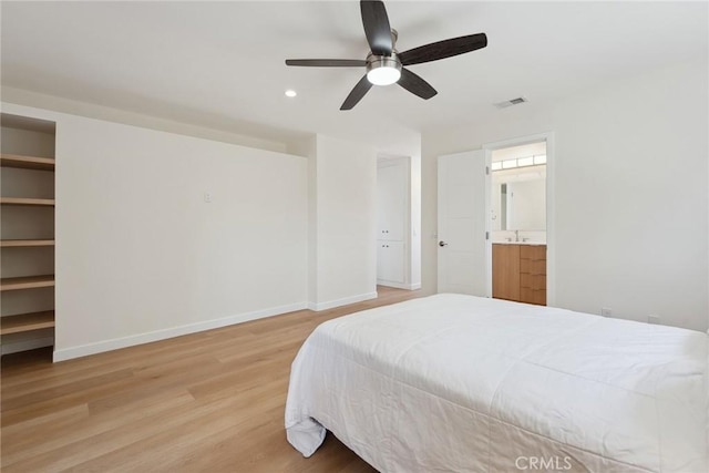 4920 Island View St, Oxnard, CA 93035 - bedroom with light wood finished floors, baseboards, ceiling fan, ensuite bath, and recessed lighting