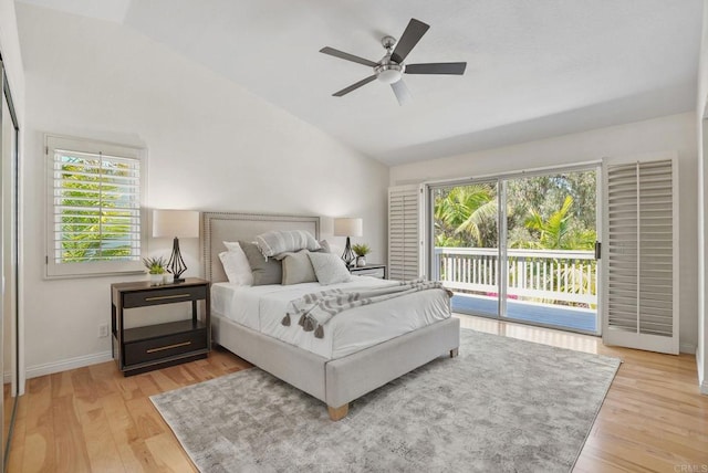 3442 Celinda Dr, Carlsbad, CA 92008 - bedroom featuring vaulted ceiling, access to outside, light wood-type flooring, and ceiling fan