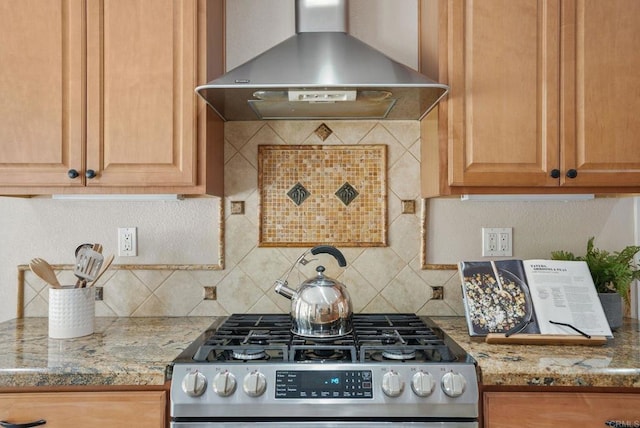 3442 Celinda Dr, Carlsbad, CA 92008 - kitchen featuring wall chimney exhaust hood, stainless steel gas range, backsplash, and light stone counters