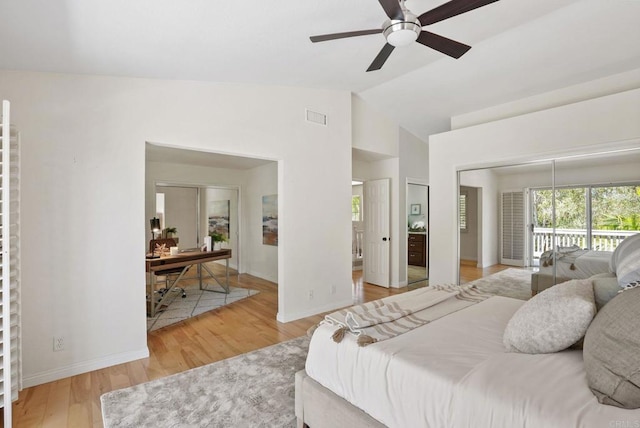 3442 Celinda Dr, Carlsbad, CA 92008 - bedroom with wood finished floors, lofted ceiling, access to exterior, and a ceiling fan