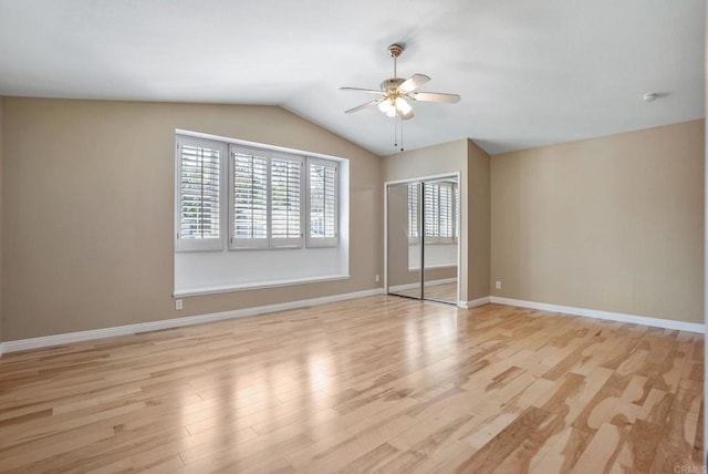 3442 Celinda Dr, Carlsbad, CA 92008 - empty room featuring a ceiling fan, light wood-style floors, and vaulted ceiling