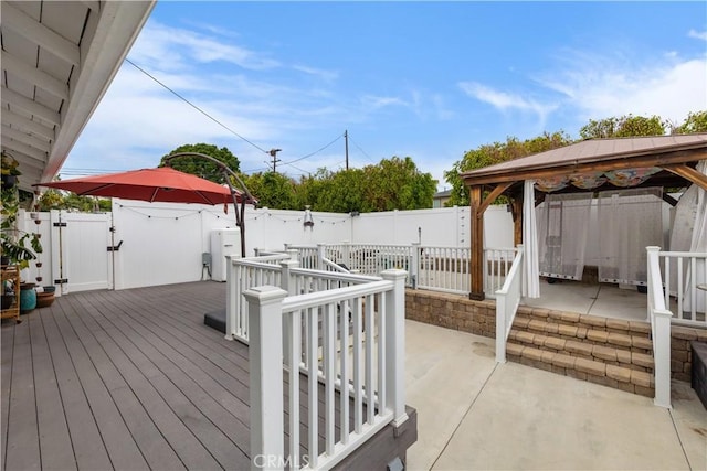 206 S Wisconsin St, Fallbrook, CA 92028 - wooden deck with a gazebo, a gate, a fenced backyard, and a patio area