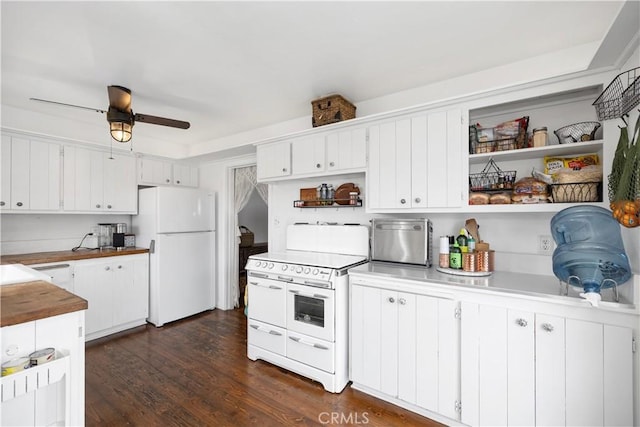 206 S Wisconsin St, Fallbrook, CA 92028 - kitchen featuring white appliances, open shelves, ceiling fan, white cabinets, and dark wood finished floors