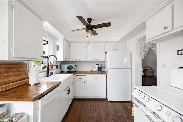206 S Wisconsin St, Fallbrook, CA 92028 - kitchen featuring white appliances, butcher block counters, ceiling fan, a sink, and dark wood finished floors