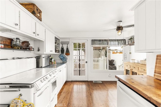 206 S Wisconsin St, Fallbrook, CA 92028 - kitchen with wood counters, wood finished floors, white cabinetry, ceiling fan, and open shelves