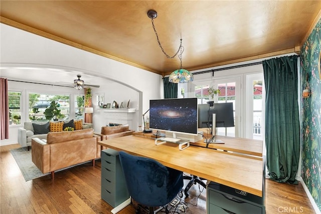 206 S Wisconsin St, Fallbrook, CA 92028 - office space with wood finished floors, a fireplace, arched walkways, crown molding, and ceiling fan