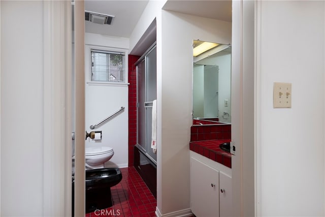 1731 Roscomare Rd, Los Angeles, CA 90077 - bathroom with toilet, vanity, a shower, and tile patterned flooring