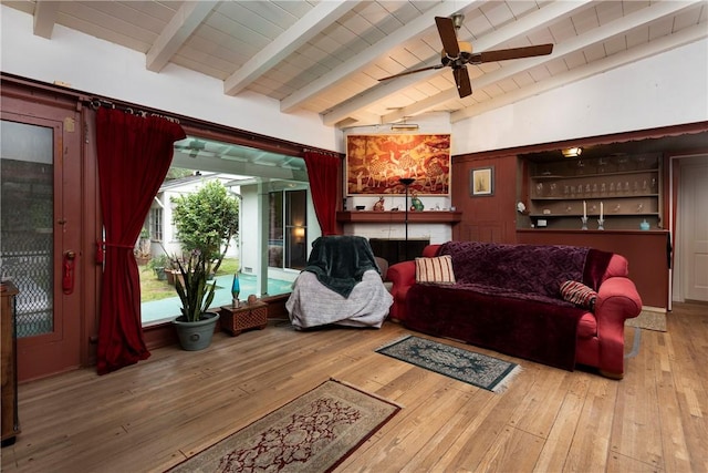 1731 Roscomare Rd, Los Angeles, CA 90077 - living room featuring hardwood / wood-style floors, a ceiling fan, and wooden ceiling