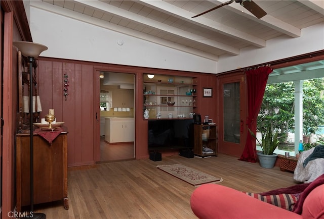 1731 Roscomare Rd, Los Angeles, CA 90077 - living room featuring ceiling fan, wood finished floors, and wooden ceiling