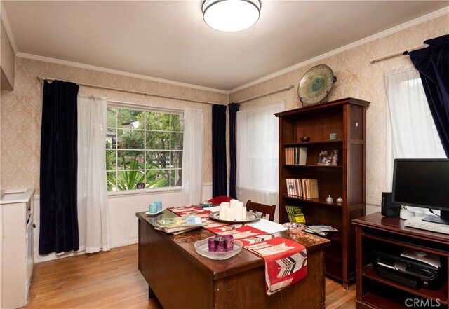1731 Roscomare Rd, Los Angeles, CA 90077 - office area featuring wallpapered walls, light wood-type flooring, and ornamental molding