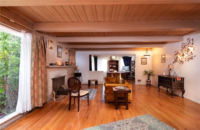 1731 Roscomare Rd, Los Angeles, CA 90077 - living room featuring light wood-type flooring, a fireplace with flush hearth, and wood ceiling with exposed beams