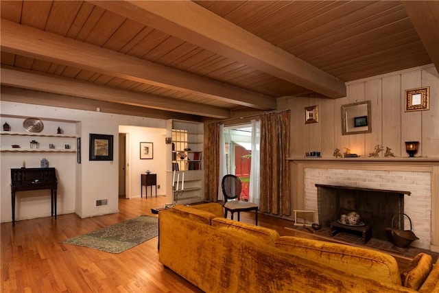 1731 Roscomare Rd, Los Angeles, CA 90077 - living room with wooden ceiling with exposed beams, wood finished floors, a fireplace, and wood walls