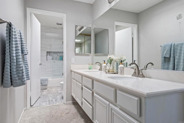 1754 Hill Top Ln, Encinitas, CA 92024 - bathroom with double vanity, toilet, tub / shower combination, and baseboards