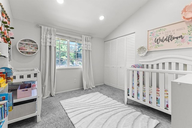 1754 Hill Top Ln, Encinitas, CA 92024 - bedroom with carpet flooring, vaulted ceiling, a nursery area, recessed lighting, and baseboards