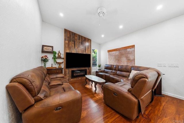 13808 Pomerado Rd, Poway, CA 92064 - living room with vaulted ceiling, wood finished floors, recessed lighting, and baseboards