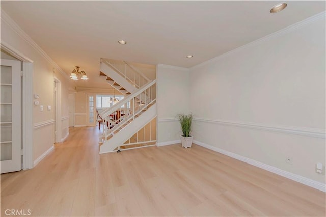 28012 Ridgeforest Ct, Rancho Palos Verdes, CA 90275 - entryway featuring a chandelier, stairway, wood finished floors, ornamental molding, and recessed lighting