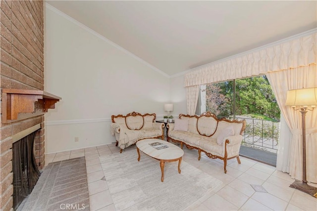 28012 Ridgeforest Ct, Rancho Palos Verdes, CA 90275 - tiled living area with lofted ceiling, ornamental molding, and a fireplace