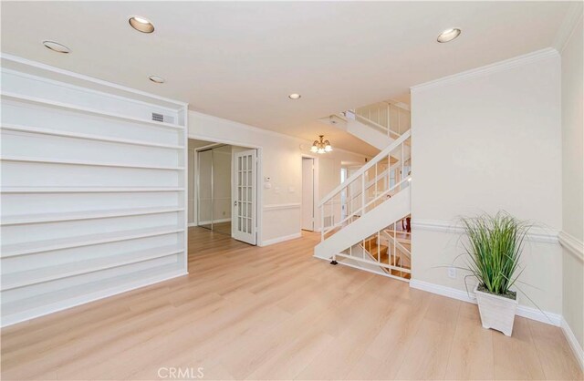 28012 Ridgeforest Ct, Rancho Palos Verdes, CA 90275 - unfurnished living room featuring stairs, wood finished floors, ornamental molding, recessed lighting, and baseboards