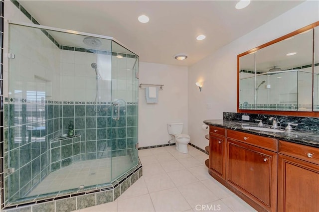 28012 Ridgeforest Ct, Rancho Palos Verdes, CA 90275 - bathroom featuring vanity, a stall shower, tile patterned floors, and recessed lighting