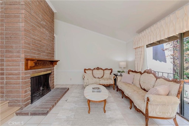 28012 Ridgeforest Ct, Rancho Palos Verdes, CA 90275 - tiled living area with crown molding and a brick fireplace