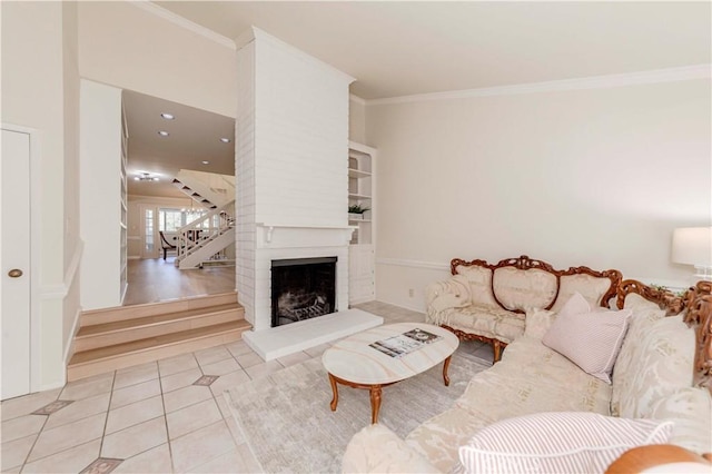 28012 Ridgeforest Ct, Rancho Palos Verdes, CA 90275 - tiled living room with ornamental molding, stairs, a fireplace, and recessed lighting