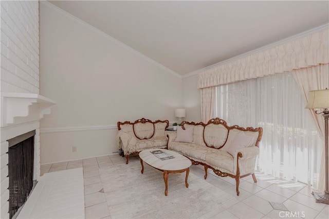28012 Ridgeforest Ct, Rancho Palos Verdes, CA 90275 - living area with light tile patterned floors, plenty of natural light, vaulted ceiling, a fireplace, and crown molding
