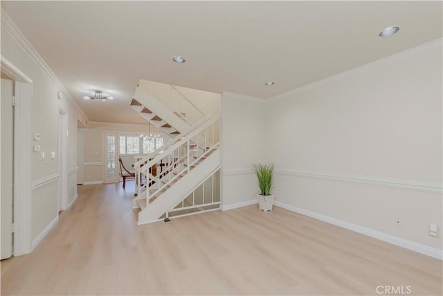 28012 Ridgeforest Ct, Rancho Palos Verdes, CA 90275 - unfurnished room with light wood-style floors, ornamental molding, stairs, and recessed lighting